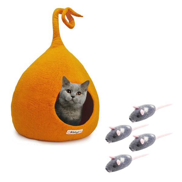 Halloween Angebot | Katzenhöhle Orange mit Zipfel + Filzmäuse 4er Pack